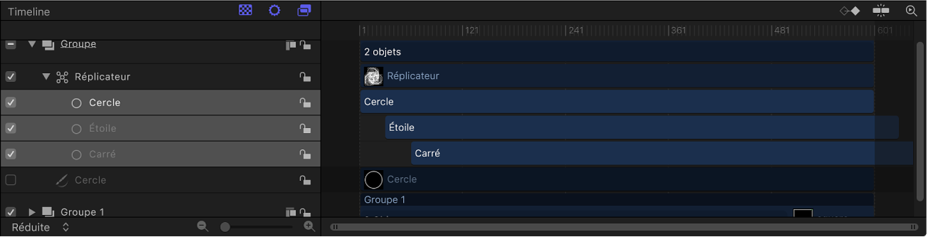 Timeline affichant un réplicateur avec un temps de décalage de ses cellules