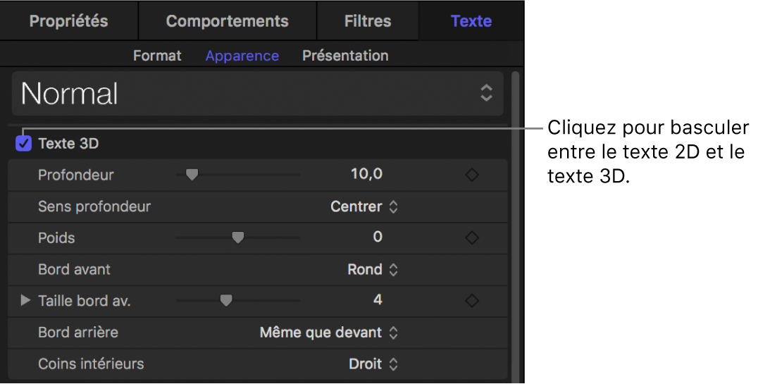 Case d’activation Texte 3D dans la fenêtre Apparence de l’inspecteur de texte