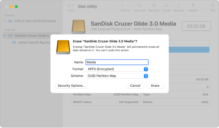 A Disk Utility window showing the erase dialogue being set up to reformat a flash drive with an APFS-encrypted format.