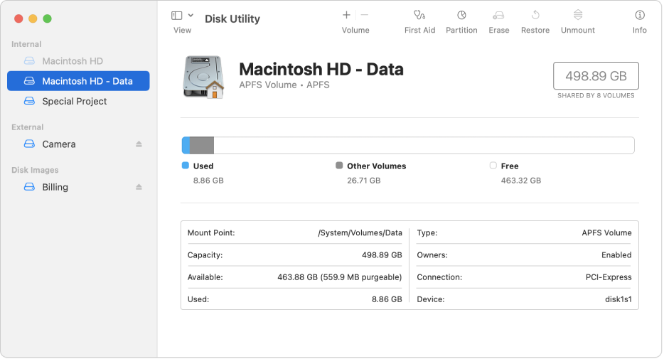 The Disk Utility window, showing an APFS volume on an internal disk, a volume on an external disk, and a disk image.