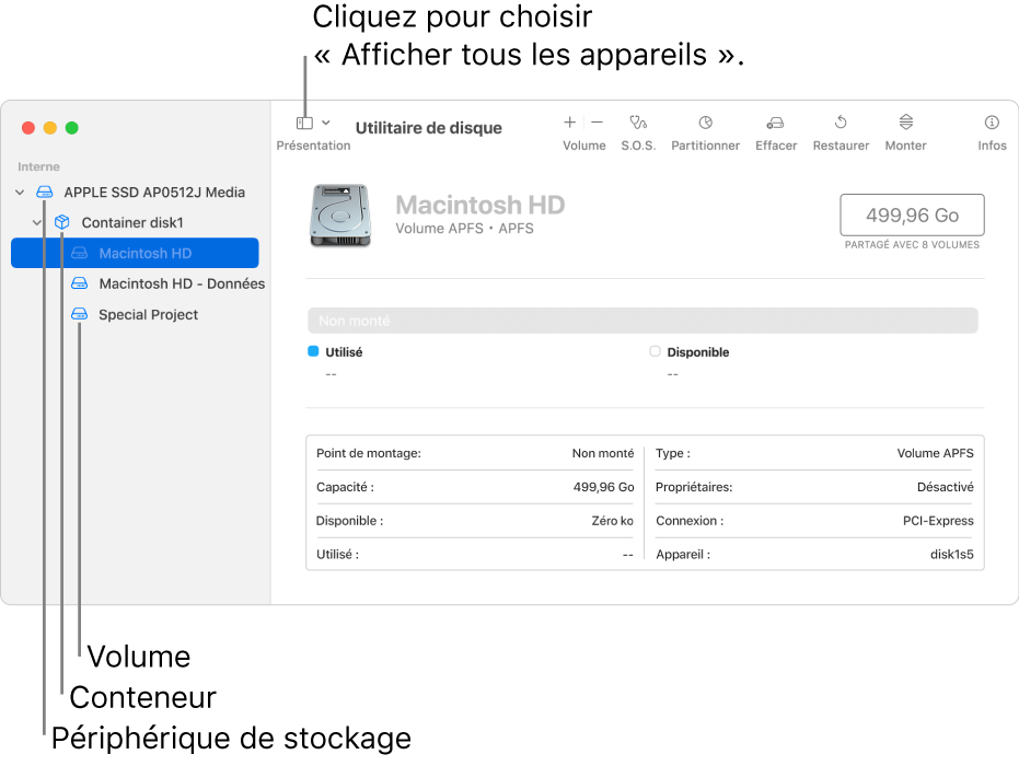 Une fenêtre Utilitaire de disque en présentation « Afficher tous les appareils ».