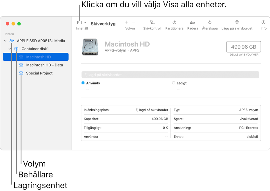 Ett fönster i Skivverktyg med tre volymer, en behållare och en lagringsenhet i vyn Visa alla enheter.