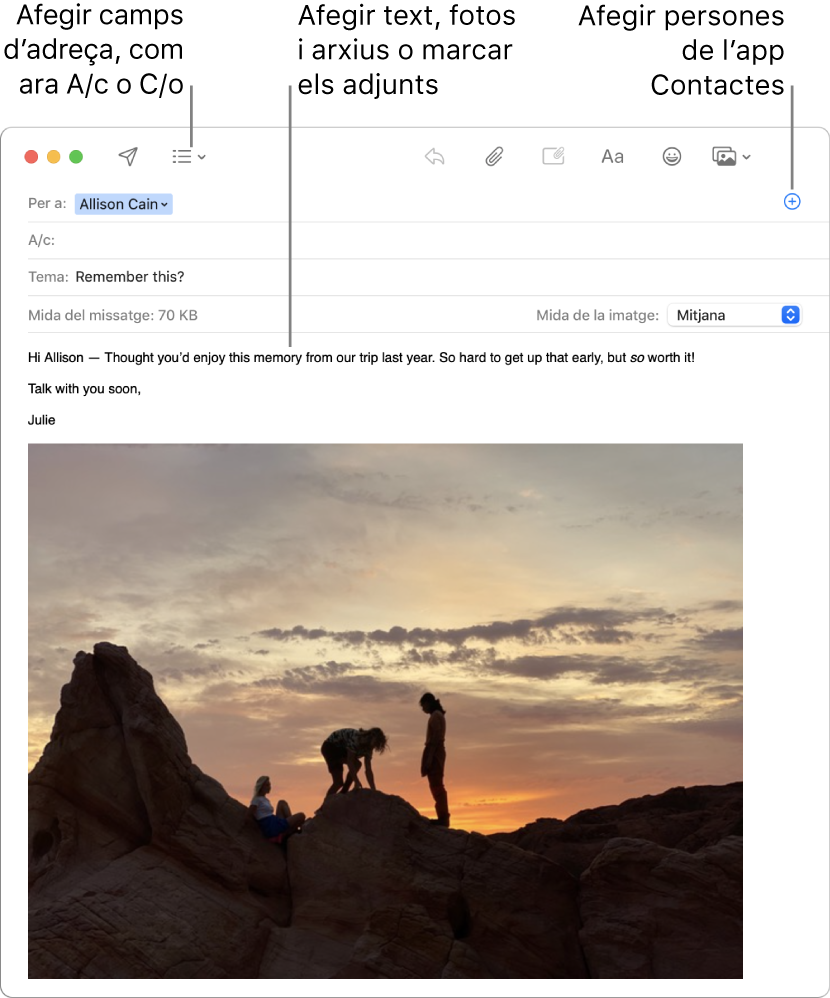 Una nova finestra de missatge indicant el botó “Camps de capçalera”, el botó Afegir en un camp d’adreça per afegir persones de Contactes i mostrant una imatge marcada al cos del missatge.
