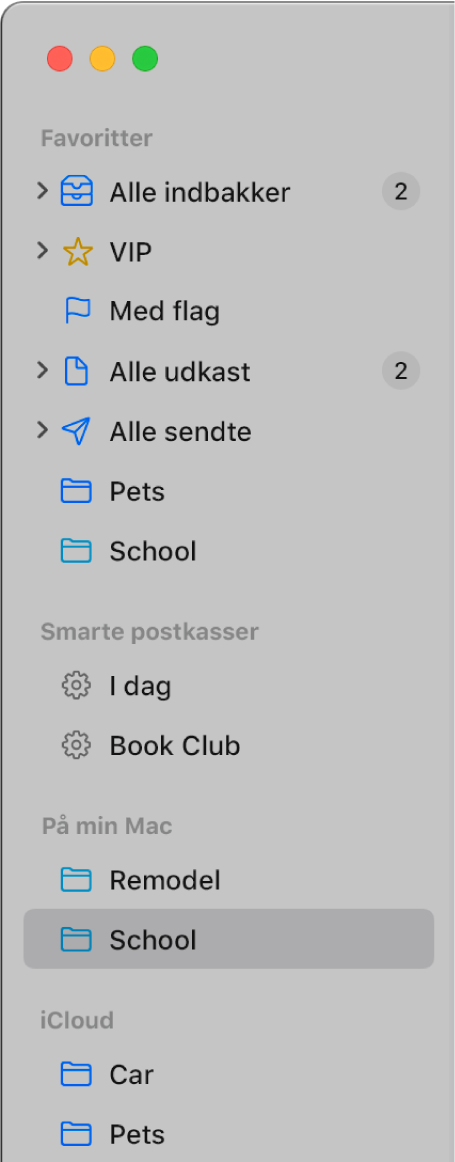 Indholdsoversigten i Mail, der viser standardpostkasser (f.eks. Indbakke og Udkast) øverst i indholdsoversigten, og postkasser, du har oprettet under På min Mac og iCloud.