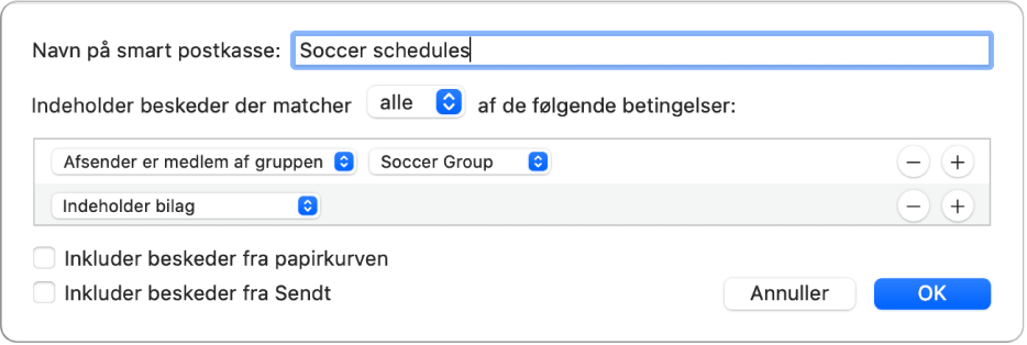 Vinduet Smart gruppe med kriterierne til en gruppe med navnet “Soccer schedules”. Gruppen har to betingelser. Den første betingelse har to kriterier, der vises fra venstre mod højre: “Afsender er medlem af gruppen” (valgt på en lokalmenu) og Soccer Group (valgt på en lokalmenu). Den anden betingelse har et enkelt kriterie: “Indeholder bilag” (valgt på en lokalmenu).