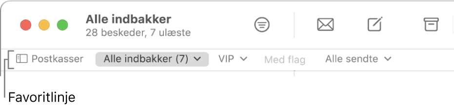 Favoritlinjen viser knappen Postkasser og knapper til at få adgang til favoritpostkasser, f.eks. VIP og Med flag.