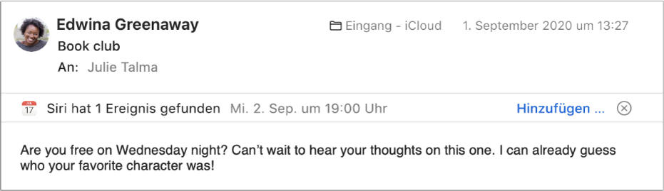 In der Vorschau erscheint unter dem Header einer Nachricht ein Banner mit Informationen zu dem Ereignis, das Siri in der Nachricht erkannt hat. Ganz rechts befindet sich ein Link, mit dem du das Ereignis in deinen Kalender übernehmen kannst.