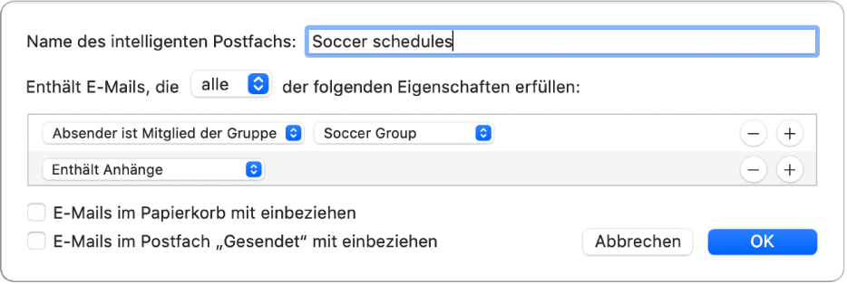 Das Fenster einer intelligenten Gruppe mit den Kriterien für eine Gruppe mit dem Namen „Trainingsplan“. Die Gruppe hat zwei Bedingungen. Die erste Bedingung hat zwei Kriterien. Angezeigt von links nach rechts: „Absender ist Mitglied der Gruppe“ (im Einblendmenü ausgewählt) und Fußballgruppe (im Einblendmenü ausgewählt). Die zweite Bedingung hat ein Kriterium: „Enthält Anhänge“ (im Einblendmenü ausgewählt).