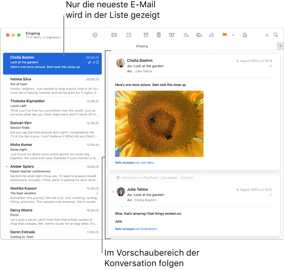 In diesem Fall wird in der E-Mail-Liste nur die jeweils jüngste/letzte E-Mail der jeweiligen Konversation angezeigt. Eine Zahl oben in der E-Mail gibt an, wie viele der E-Mails der Konversation sich im aktuellen Postfach befinden. Im Vorschaubereich kannst du der Konversation folgen.