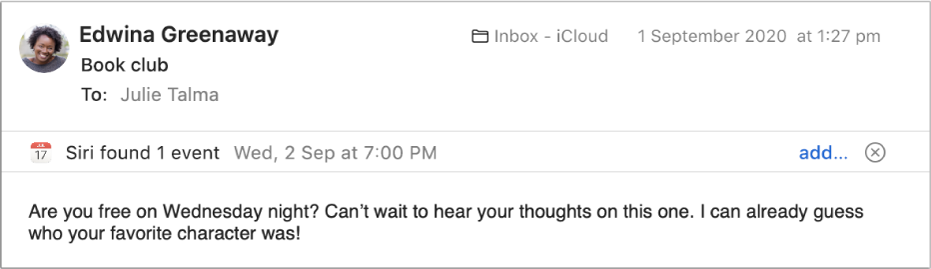 A banner below the message header in the preview area shows information about an event Siri found in the message. A link to add the event to Calendar is located at the right end.