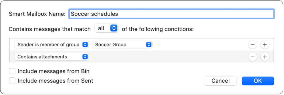 The Smart Group window showing criteria for a group called “Football schedules”. The group has two conditions. The first condition has two criteria, shown from left to right: “Sender is member of group” (selected in a pop-up menu) and Football Group (selected in a pop-up menu). The second condition has one criterion: “Contains attachments” (selected in a pop-up menu).