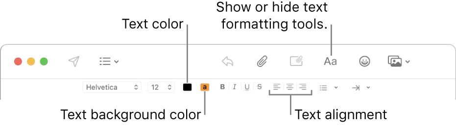 The toolbar and formatting bar in a new message window indicating the text color, text background color, and text alignment buttons.