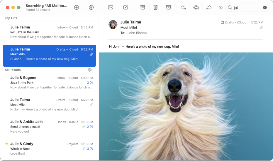 The Mail window with text entered in the search field at the top right. In the message list on the left, the Top Hits section and results are at the top, with the All Results section and results below.