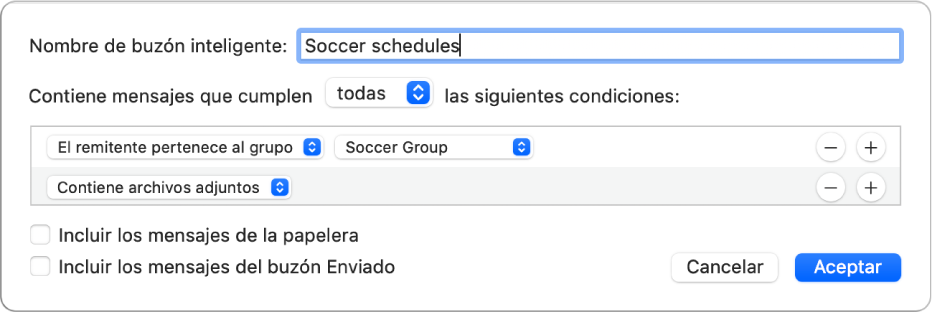 La ventana del grupo inteligente con los criterios de un grupo llamado “Horarios de fútbol”. El grupo tiene dos condiciones. La primera condición tiene dos criterios, que se muestran de izquierda a derecha: “El remitente pertenece al grupo” (seleccionado en un menú desplegable) y “Horarios de fútbol” (seleccionado en un menú desplegable). La segunda condición tiene un criterio: “Contiene archivos adjuntos” (seleccionado en un menú desplegable).