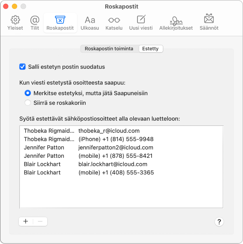 Estetyt-asetusosiossa näkyy estettyjen lähettäjien luettelo. Estetyn postin suodattamisen valintaneliö on valittuna, samoin kuin vaihtoehto, jolla merkitään estetty posti, mutta jätetään se sen saapuessa Saapuneisiin.