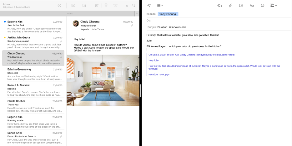 Daftar pesan berdampingan dengan jendela penulisan dalam Split View.