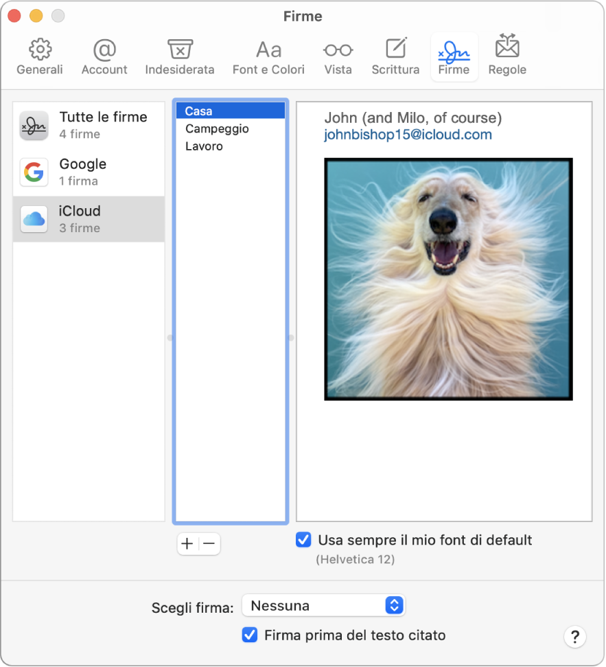 Il pannello delle preferenze Firme di Mail che mostra una firma contenente del testo formattato e un'immagine.