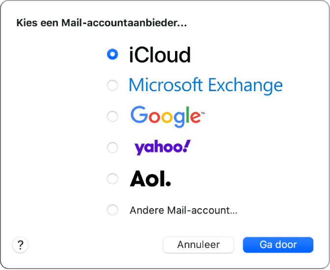 Het dialoogvenster voor het kiezen van een accounttype met de opties iCloud, Exchange, Google, Yahoo, AOL en 'Andere Mail-account'.