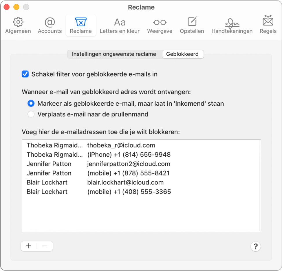 Het voorkeurenpaneel 'Geblokkeerd' met een lijst met geblokkeerde afzenders. De optie voor het filteren van geblokkeerde e-mail is ingeschakeld, evenals de optie waarmee geblokkeerde e-mail gemarkeerd wordt, maar na bezorging in 'Inkomend' blijft staan.