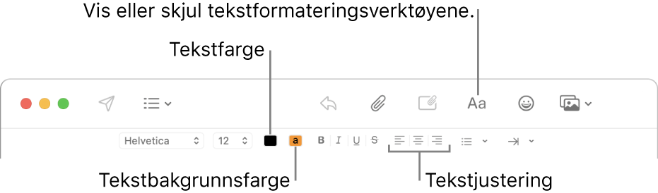 Verktøylinjen og formateringslinjen i et nytt meldingsvindu som viser knapper for tekstfarge, bakgrunnsfarge og tekstjustering.