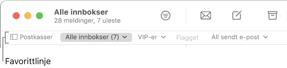 Favorittlinjen, som viser Postkasser-knappen og knapper som gir tilgang til favorittpostkasser, for eksempel VIP-er eller Flagget.