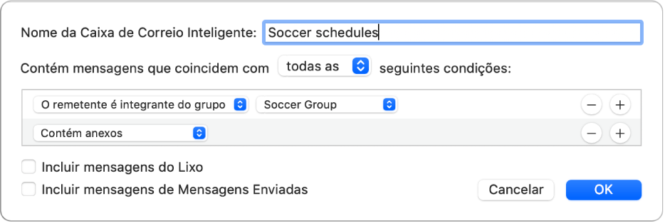 Janela do Grupo Inteligente mostrando os critérios de um grupo chamado “Horários do futebol”. O grupo possui duas condições. A primeira condição tem dois critérios, mostrados da esquerda para a direita: “O remetente é integrante do grupo” (selecionado em um menu local) e Grupo do Futebol (selecionado em um menu local). A segunda condição tem um critério: “Contém anexos” (selecionado em um menu local).