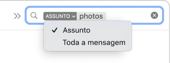 Um filtro de pesquisa mostra duas opções após um clique na seta para baixo: “Assunto” e “Mensagem completa”. Está selecionada a opção “Assunto”.