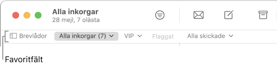 Favoritfältet med knappen Brevlådor och knappar för att öppna favoritbrevlådor, t.ex. VIP eller Flaggat.