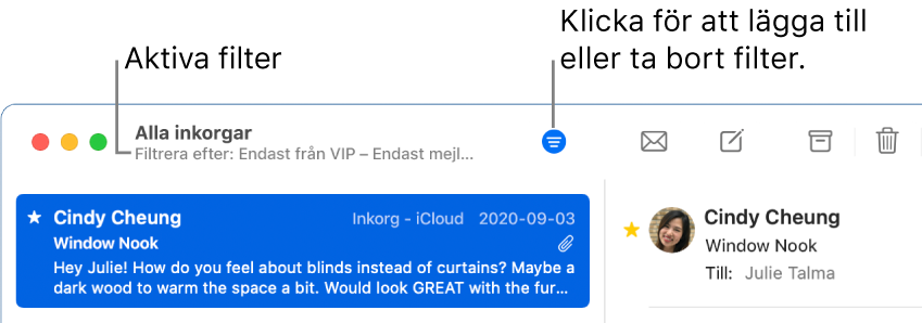 Mail-fönstret med verktygsfältet ovanför mejllistan där Mail visar vilka filter, t.ex. Endast från VIP, som används.