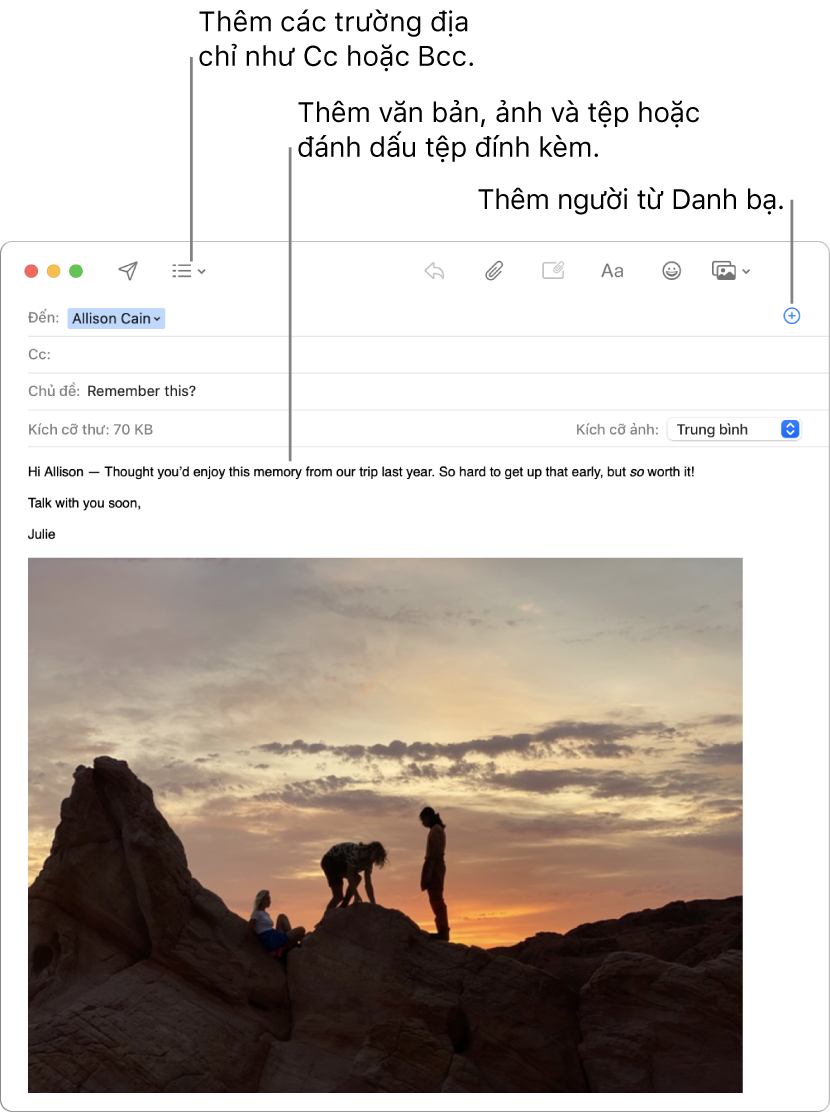 Cửa sổ thư mới cho biết nút Trường Tiêu đề, nút Thêm trong trường địa chỉ để thêm người từ Danh bạ và hiển thị một hình ảnh được đánh dấu trong nội dung của thư.