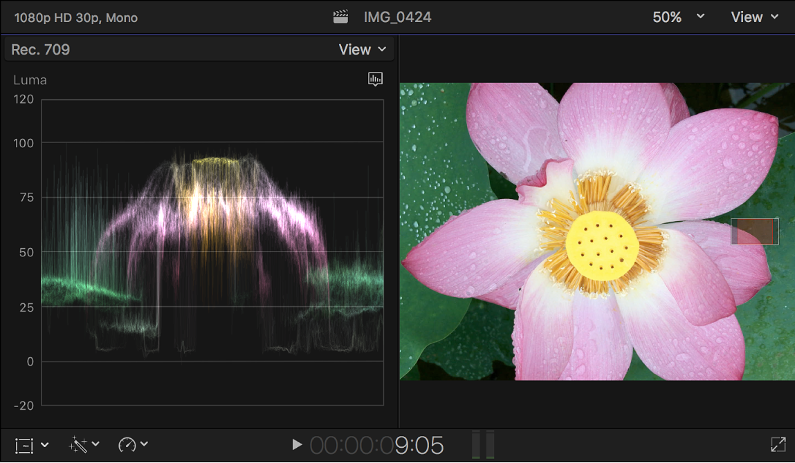 Der Waveform-Monitor „Luma“ links neben dem Viewer