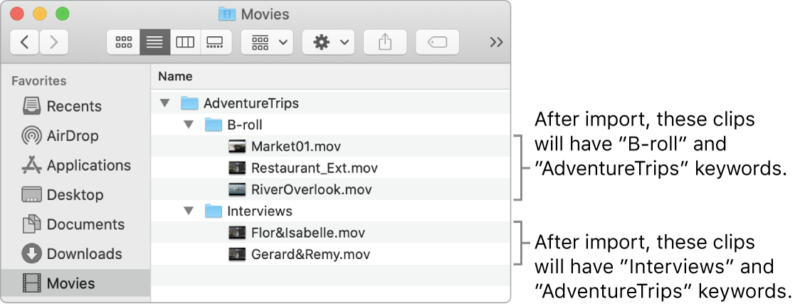 The Finder displaying source media inside folders