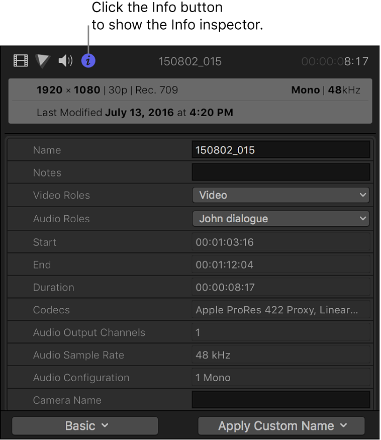 The Info inspector showing metadata for a clip selection