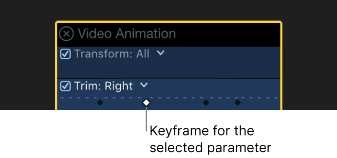 El editor de animación de vídeo con fotogramas clave activos e inactivos