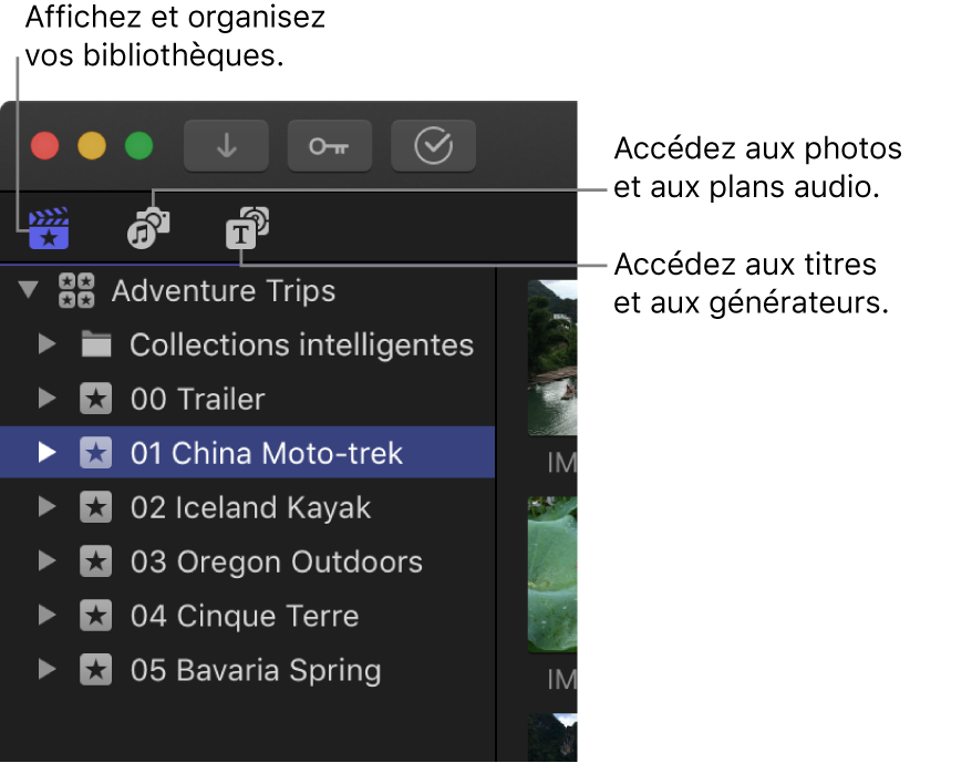 Les trois boutons dans le coin supérieur gauche de la fenêtre de Final Cut Pro permettant d’ouvrir les fenêtres de la barre latérale