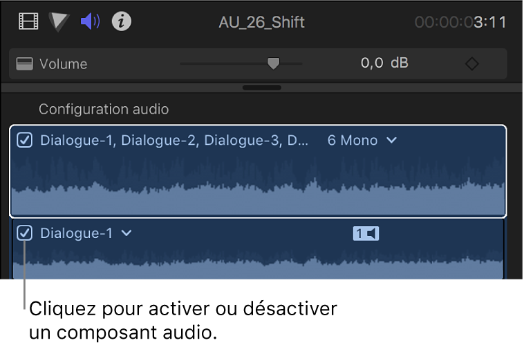 Section Configuration audio de l’inspecteur audio affichant des cases permettant d’activer et de désactiver des composants audio