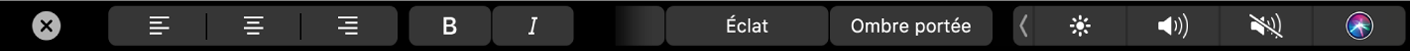 Touch Bar montrant les commandes pour le réglage de l’alignement, du style et de l’apparence du texte