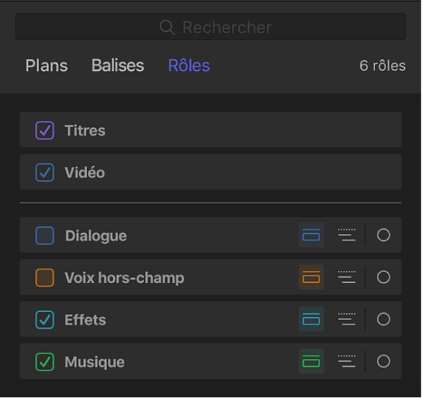 Fenêtre Rôles de l’index de la timeline montrant les cases décochées des rôles Dialogue et Voix hors-champ