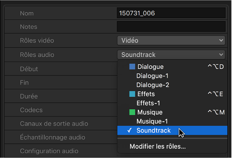 Nouveau rôle sélectionné dans le menu local Rôles audio dans l’inspecteur d’informations