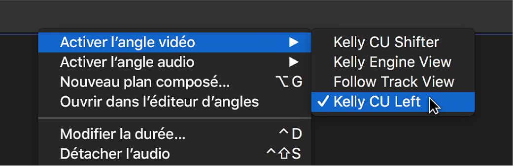 L’angle vidéo actif d’origine à l’aide depuis un menu contextuel dans la timeline