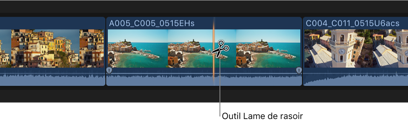 Coupe d’un plan dans la timeline à l’aide de l’outil Lame de rasoir