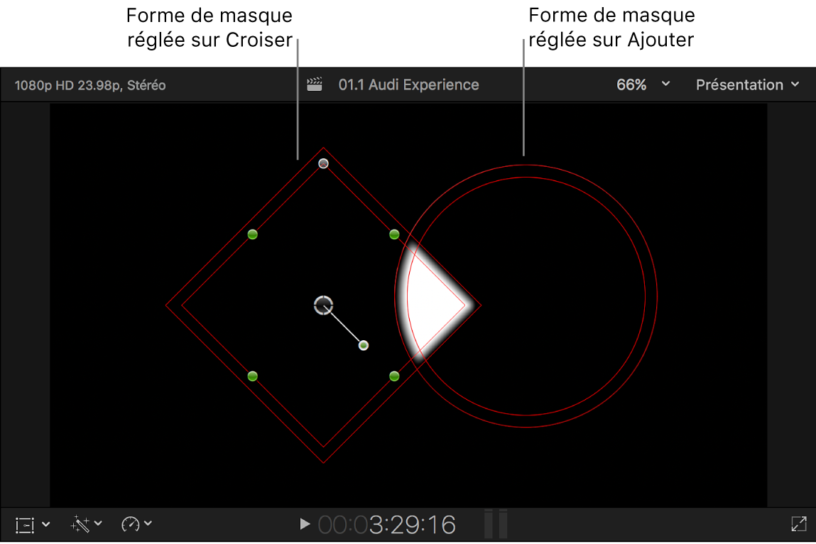 Visualiseur affichant deux formes noires superposées, avec la zone de superposition colorée en blanc, sur un arrière-plan noir