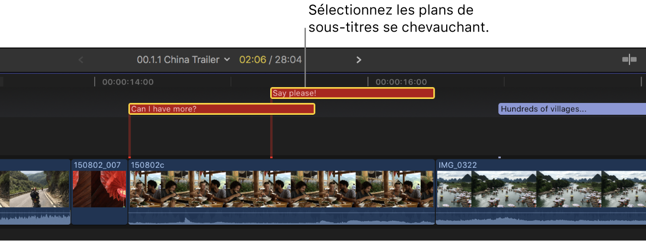 Timeline montrant deux plans de sous-titres rouges qui se chevauchent