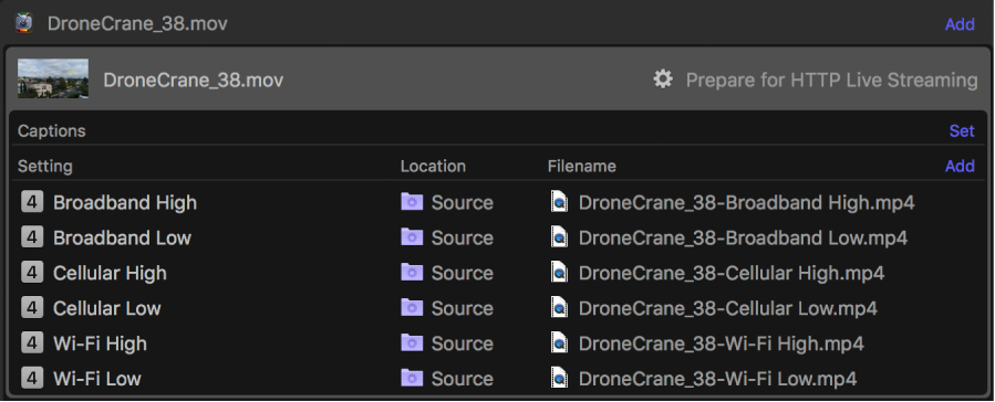 Batch area showing one job with multiple outputs assigned