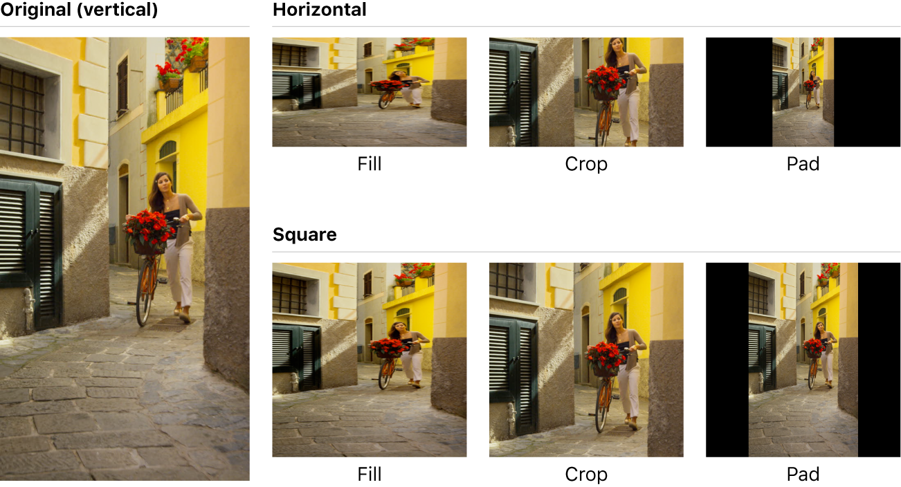 An example of conforming vertical video to horizontal and square with various options.