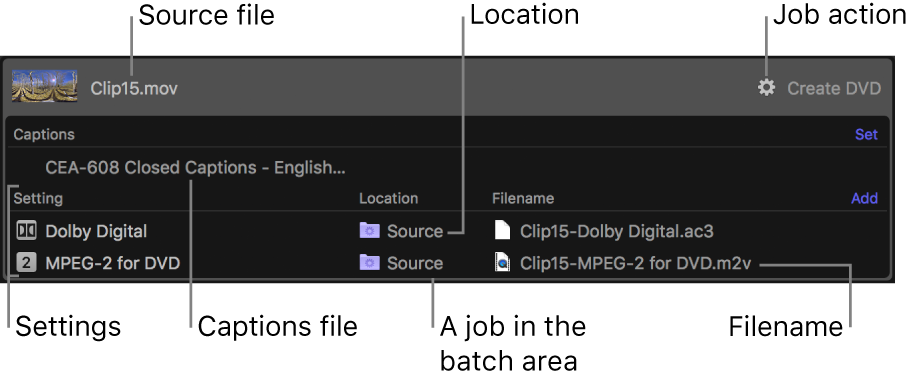 A job in the batch area with multiple settings.