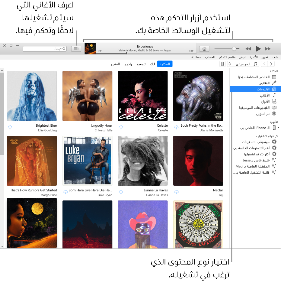 نافذة مكتبة iTunes الرئيسية: في المتصفح، اختر نوع الوسائط لتشغيلها (مثل الموسيقى). استخدم عناصر التحكم في الشعار في الجزء العلوي لتشغيل الوسائط، واستخدم القائمة المنبثقة "التالي" على اليمين لعرض المكتبة بطرق مختلفة.