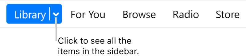 The Library button in the navigation bar, showing the pop-up menu; click it to access all sidebar items when you hide the sidebar.