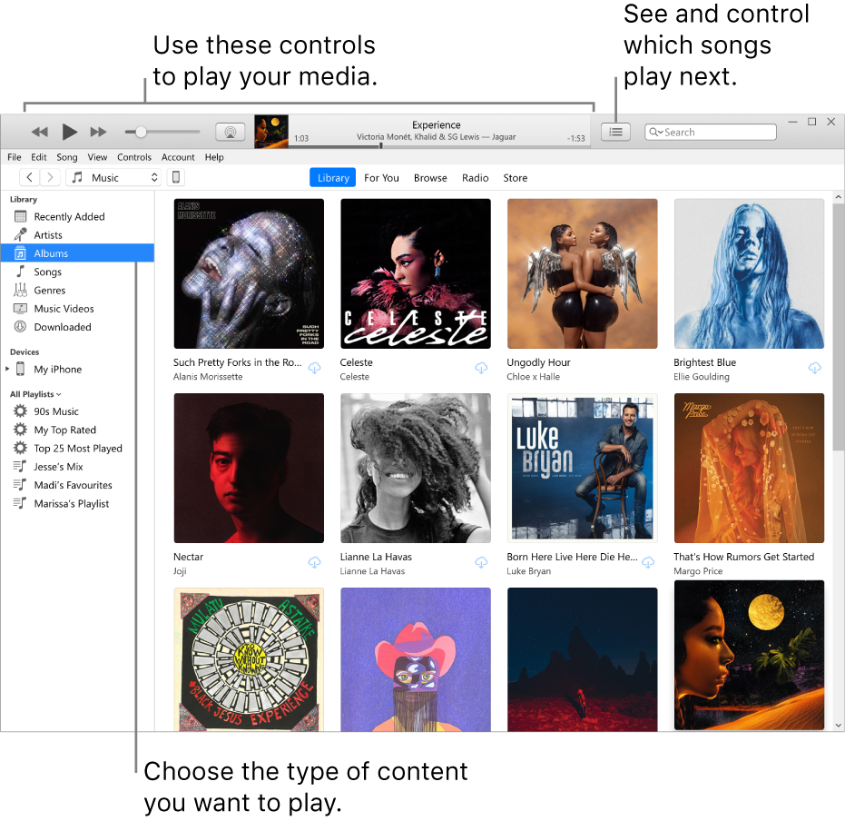 The iTunes Library main window: In the navigator, choose the type of media to play (such as Music). Use the controls in the banner at the top to play your media, and use the Up Next pop-up menu on the right to view your library in different ways.