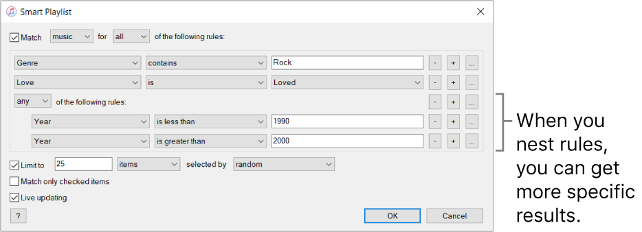 The Smart Playlist window: Use the Nest button on the right to create additional, nested rules to get more specific results.